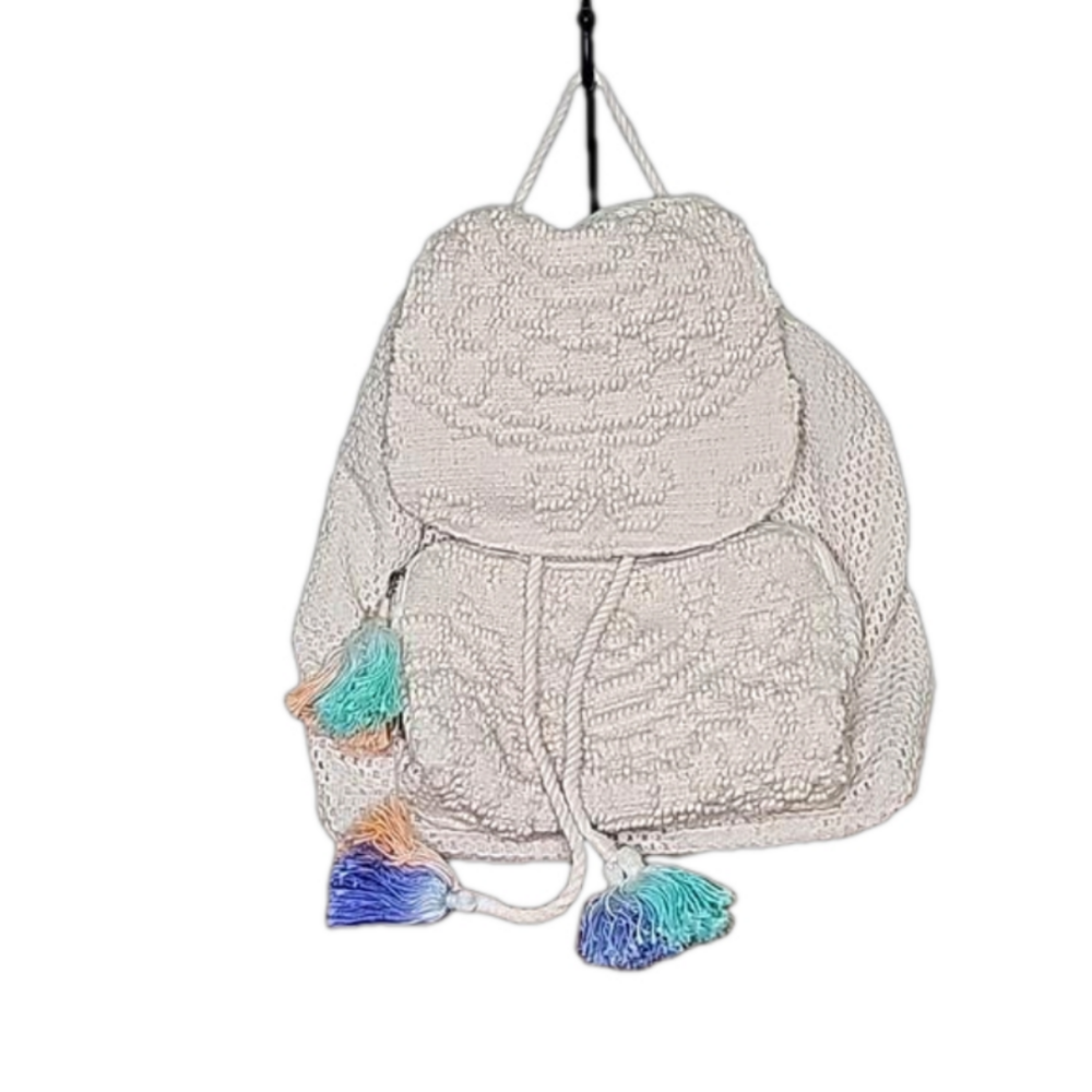 Atmosphere - Boho Crochjet Style Cream Colored Backpack with Tassels